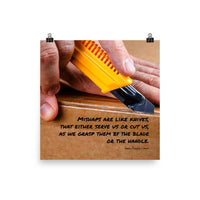 A workplace safety poster showing a close-up of hands opening a box using a boxcutter with a safety quote below the hands.