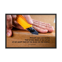 A workplace safety poster showing a close-up of hands opening a box using a boxcutter with a safety quote below the hands.