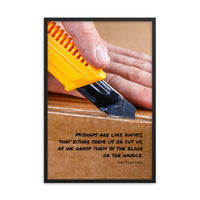 A workplace safety poster showing a close-up of hands opening a box using a boxcutter with a safety quote below the hands.
