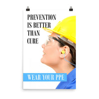 A safety poster showing a close-up of a worker wearing safety glasses, a hard hat, and earplugs with the slogan prevention is better than cure, wear your PPE.