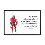 A safety poster showing a worker performing a controlled descent while wearing a fall protection harness on a bright white background with a quote from Archilochus to the right.