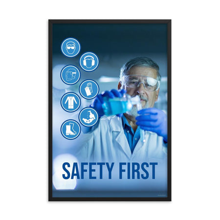 A safety poster showing a lab worker in a white coat and safety glasses conducting an experiment with infographic icons of PPE to the side and the slogan safety first.
