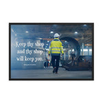 A safety poster showing a worker in a reflective jacket and hard hat walking through a warehouse with the quote keep thy shop and thy shop will keep you by Benjamin Franklin.
