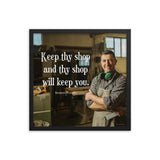 A safety poster showing a worker in a woodshop smiling with his apron and ear muffs with the quote keep thy shop and thy shop will keep you by Benjamin Franklin.