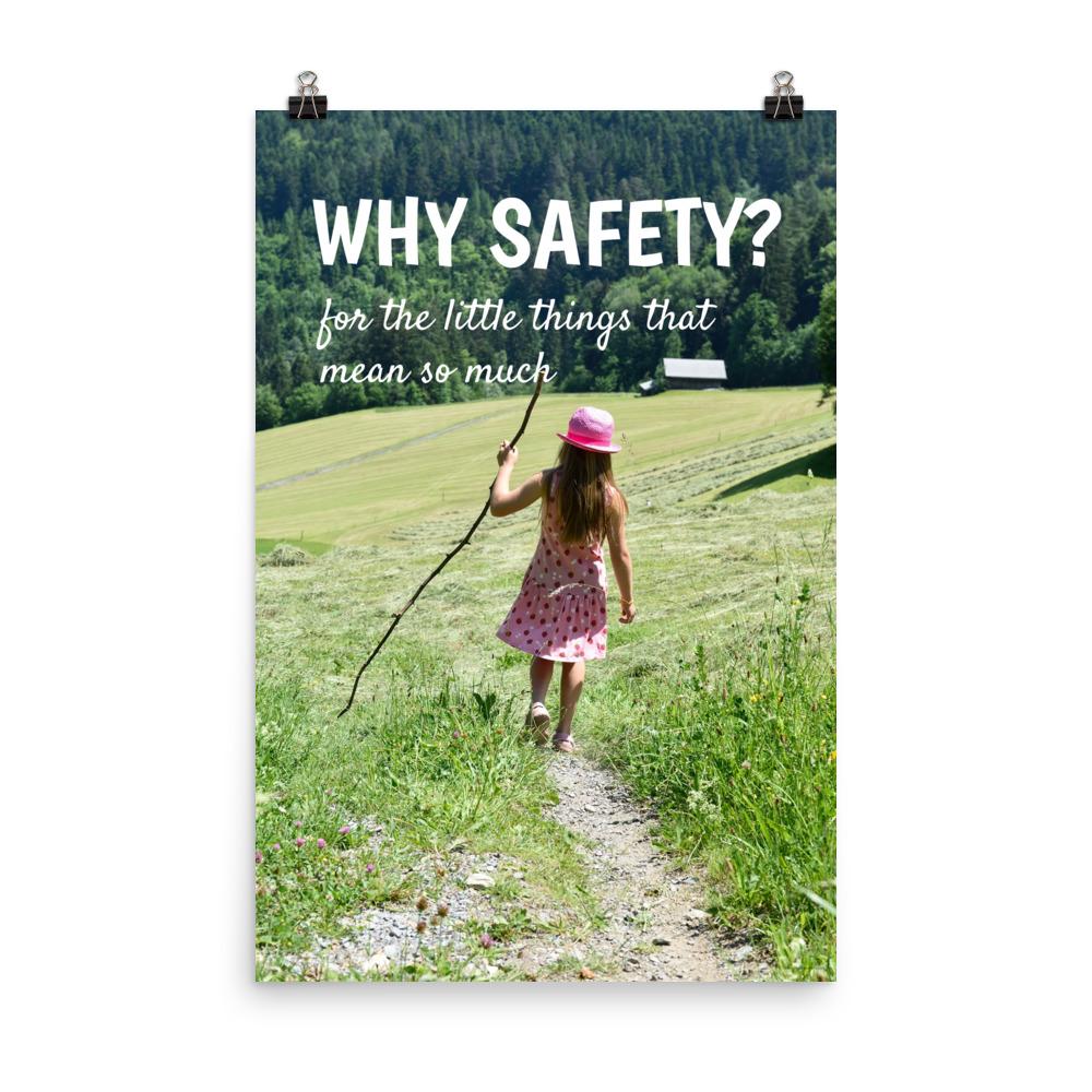 A workplace safety poster showing a hillside landscape in the country with a quaint house in the background and a little girl in a cute pink hat and dress playing with a large stick with the slogan why safety? for the little things that mean so much.