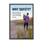 A workplace safety poster showing a man carrying his young child along the beach on a beautiful sunny day with the slogan why safety? because they are counting on us.