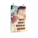 Safety poster showing a close up of 3 hands wearing gloves holding glass beakers and a safety slogan written in bottom right corner.