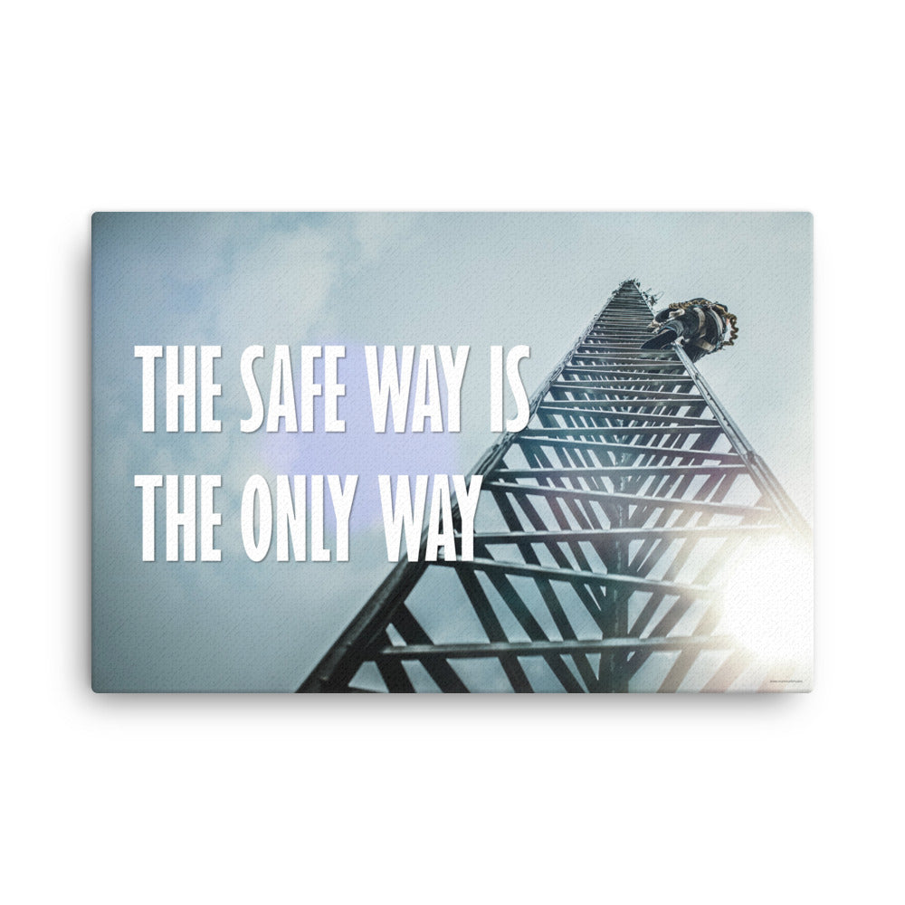 A safety poster showing a tower climber climbing in safety gear shot from below with the safety slogan "The safe way is the only way."