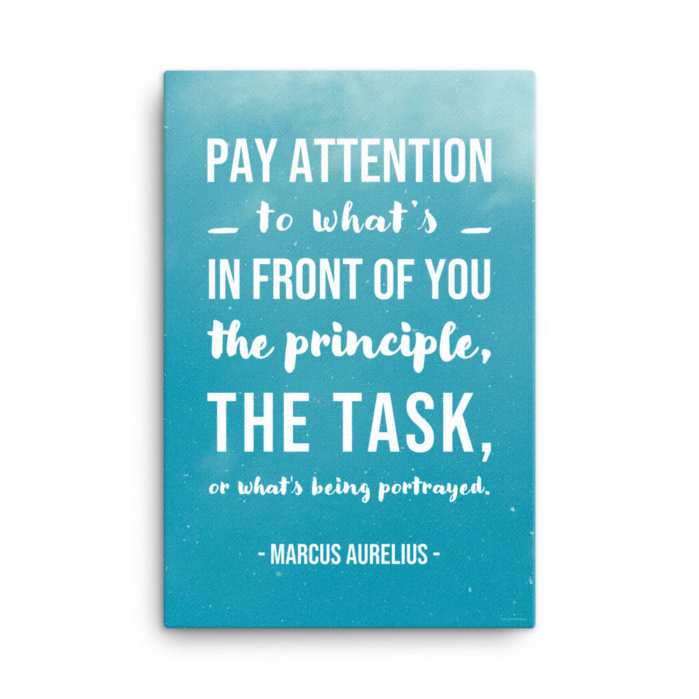 A workplace safety poster depicting a blue sky with a quote by Marcus Aurelius that says "Pay attention to what's in front of you, the principle, the task, or what's being portrayed."
