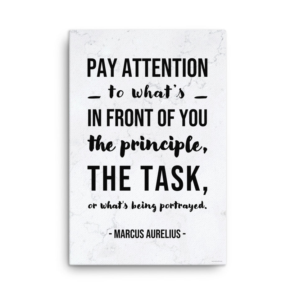 A workplace safety poster depicting a white marble background with a quote by Marcus Aurelius that says "Pay attention to what's in front of you, the principle, the task, or what's being portrayed."