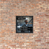 An eye safety poster showing a man in a white hard hat and safety glasses in a warehouse with the slogan "Why risk it? Wear your safety glasses."