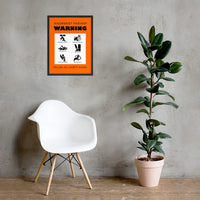 An orange machinery hazard warning sign with infographics of 6 various possible injuries.