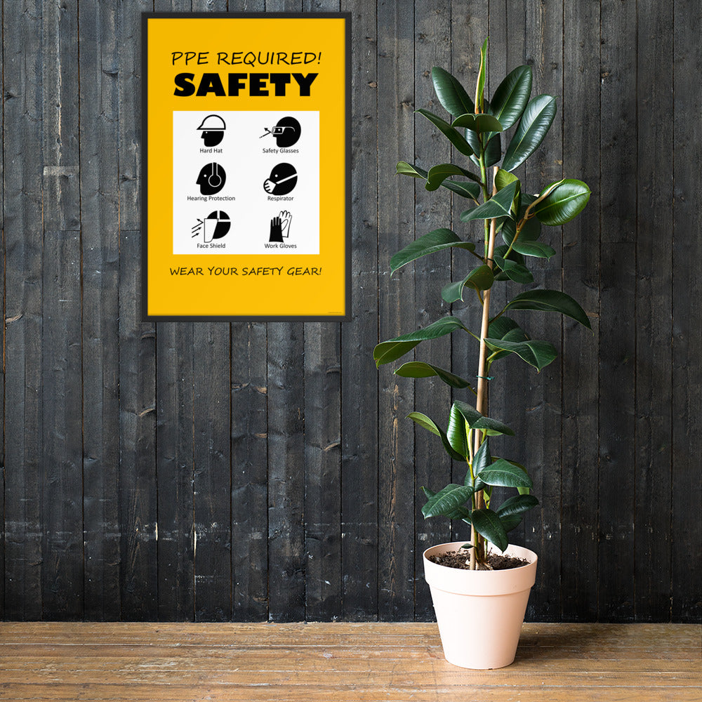 A safety poster that says "PPE Required! Safety, Wear Your Safety Gear!" with infographic icons on a yellow background.