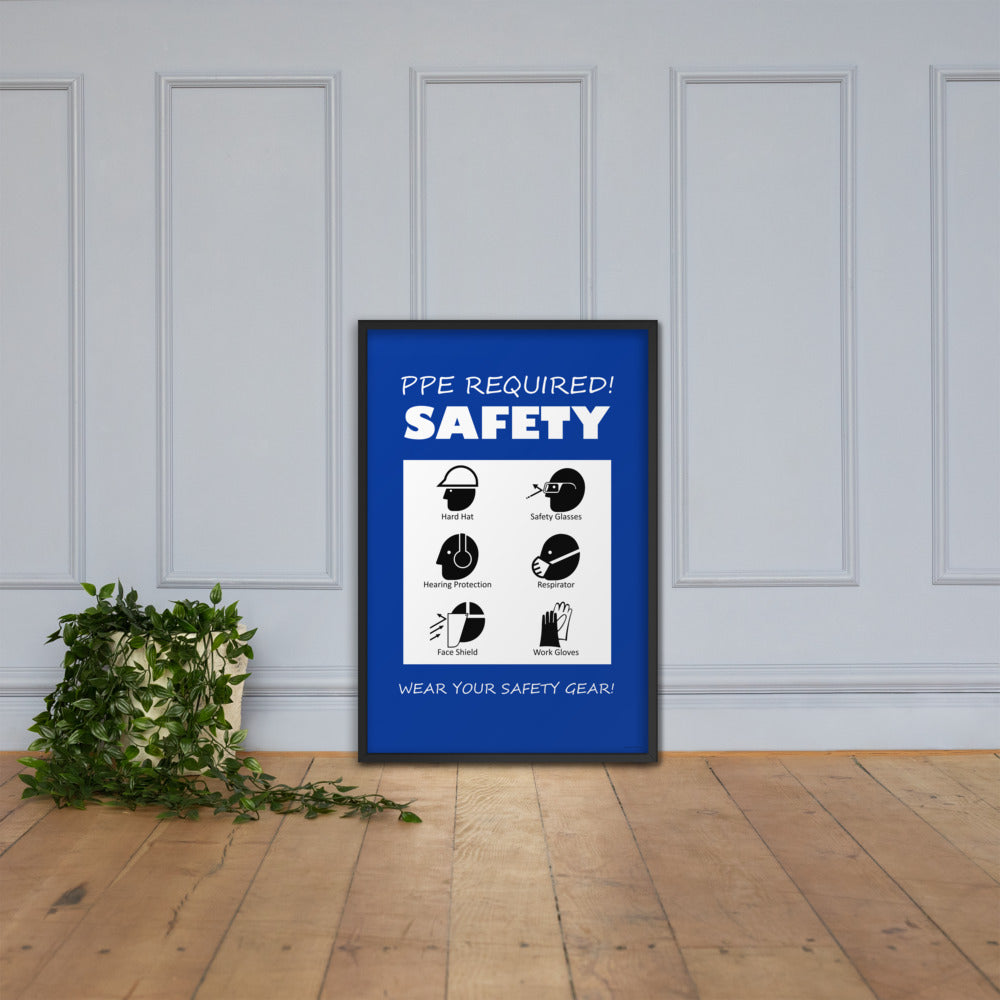 A safety poster that says "PPE Required! Safety, Wear Your Safety Gear!" with infographic icons on a blue background.