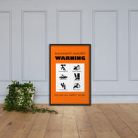 An orange machinery hazard warning sign with infographics of 6 various possible injuries.