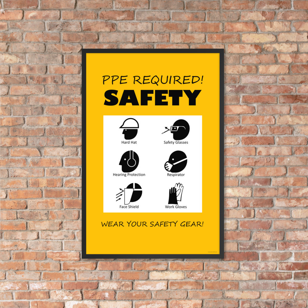 A safety poster that says "PPE Required! Safety, Wear Your Safety Gear!" with infographic icons on a yellow background.