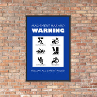 A blue machinery hazard warning sign with infographics of 6 various possible injuries.