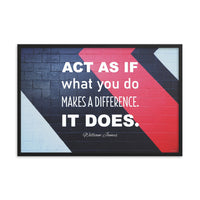 A safety poster with the quote "Act as if what you do makes a difference. It does." from William James in bold white text against a black brick wall with a red and light blue accent stripe.