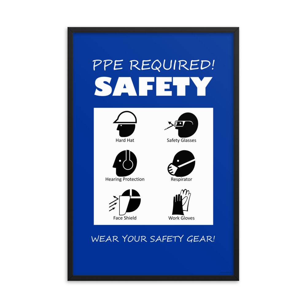 A safety poster that says "PPE Required! Safety, Wear Your Safety Gear!" with infographic icons on a blue background.