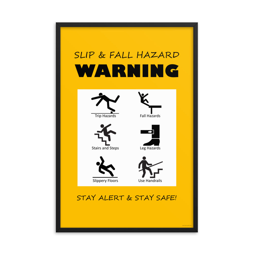 A yellow poster with bold black text that says "slip and fall hazard warning, stay alert and stay safe" with 6 diagrams of people being slipping, tripping, and falling in various ways.