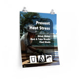 A heat stress safety poster depicting a construction worker working outside in the heat with text and infographics in the foreground depicting water, rest, and shade.