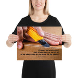 A workplace safety poster showing a close-up of hands opening a box using a boxcutter with a safety quote below the hands.
