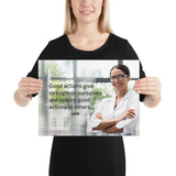 Safety poster showing a woman in a white lab coat and glasses smiling with arms crossed in a laboratory and a safety quote written to the left.