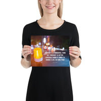 A workplace safety poster depicting a bright orange construction traffic light in the foreground of a blurry nighttime cityscape with a safety quote by William Blake.