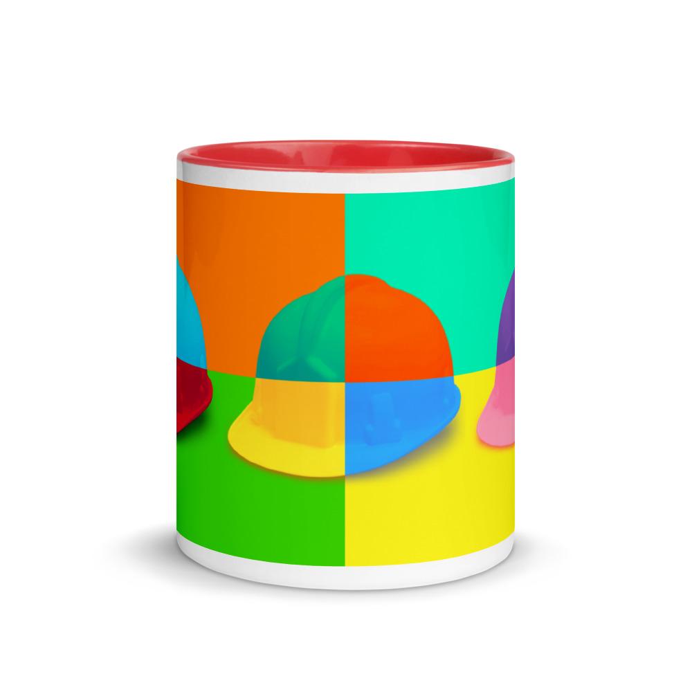 White ceramic mug with a bold hard hat pop art print with red color on the inside, the rim, and the handle.