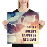 Safety poster showing a close up of 3 hands wearing gloves holding glass beakers and a safety slogan written in bottom right corner.