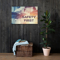 A safety poster showing a close-up of multiple gloved hands in a laboratory pouring substances into a beaker with the slogan safety first in the foreground.