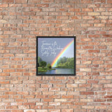 A workplace safety poster showing bright forest scene with a lake and vibrant green trees and a colorful rainbow coming out of the forest with the slogan tomorrow is the reward for working safely today.