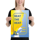 A heat stress safety poster depicting a bright yellow umbrella with a bright blue sky in the background with safety slogan text and an infographic portraying someone resting.