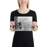 A safety poster showing vintage photograph in black and white of a construction worker working on top of a high building in the city with no PPE or safety precautions with the quote our plans for the future descend from the past by Seneca.