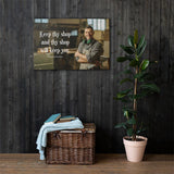 A safety poster showing a worker in a woodshop smiling with his apron and ear muffs with the quote keep thy shop and thy shop will keep you by Benjamin Franklin.