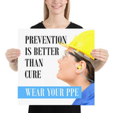 A safety poster showing a close-up of a worker wearing safety glasses, a hard hat, and earplugs with the slogan prevention is better than cure, wear your PPE.