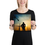 A safety poster showing a worker on a construction site being silhouetted by a sunset of orange and blue colors with the slogan tomorrow is the reward for working safely today.
