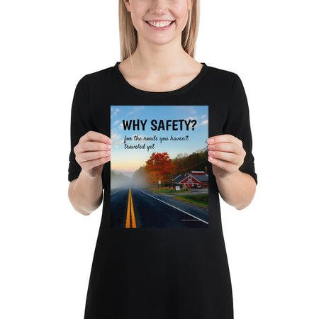 A workplace safety poster showing a tourist restaurant on the side of a road in autumn with the trees changing colors and an ethereal fog rolling over the road with the slogan why safety? for the roads you haven't traveled yet.