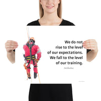 A safety poster showing a worker performing a controlled descent while wearing a fall protection harness on a bright white background with a quote from Archilochus to the right.