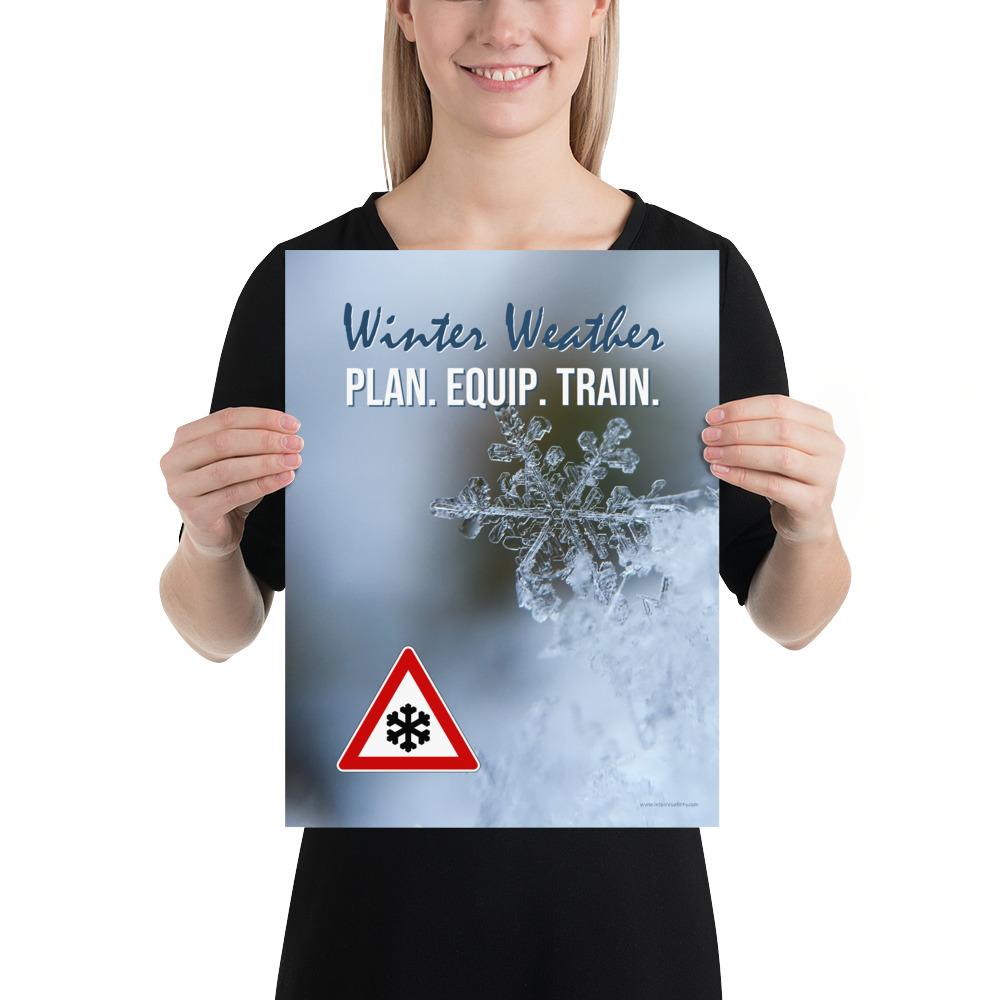 A safety poster showing a close-up of a real snowflake crystal and a hazard snow symbol in the bottom left corner with the slogan winter weather, plan, equip, train.