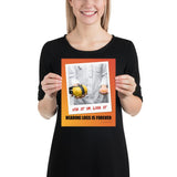A hearing protection poster showing a doctor in a white lab coat holding out ear muffs in one hand and ear plugs in the other with a safety slogan below.