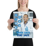 A workplace safety poster showing a scientist in a white lab coat, safety glasses, and blue latex gloves smiling and flashing a thumbs up with different blue infographic bubbles of PPE and the slogan work safe, stay safe.