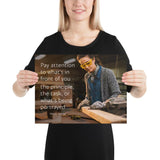 Workplace safety poster of a young female woodworker wearing safety glasses and gloves and sanding a two by four in her shop with a safety quote to the left.