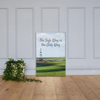 A safety poster showing an oil rig in a beautiful landscape scene of a field with vivid green grass and a bright blue sky with the slogan the safe way is the only way.