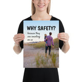 A workplace safety poster showing a man carrying his young child along the beach on a beautiful sunny day with the slogan why safety? because they are counting on us.