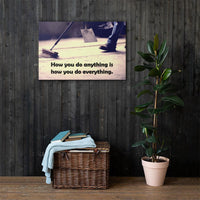 Safety poster showing a closeup of the ground where a warehouse or construction worker is sweeping the workshop floor and an encouraging safety slogan written in bold text.