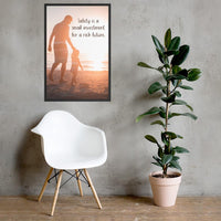 A workplace safety poster showing a father and his young daughter walking on the shore of a beach with a beautiful sunset in the background and text saying safety is a small investment for a rich future.