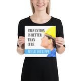 A safety poster showing a close-up of a worker wearing safety glasses, a hard hat, and earplugs with the slogan prevention is better than cure, wear your PPE.