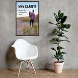 A workplace safety poster showing a man carrying his young child along the beach on a beautiful sunny day with the slogan why safety? because they are counting on us.