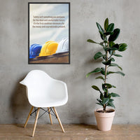 A workplace safety poster showing 3 multi colored hardhats sitting on a wall with the slogan safety isn't something you postpone for the ideal and comfortable future. It's the first condition necessary for the messy and unpredictable present.